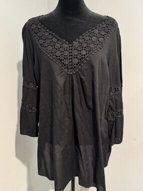 Lifestyle Tunic Blouse Sz XL Black Crochet V Neck 3/4 Sleeve Boho Top Witchy